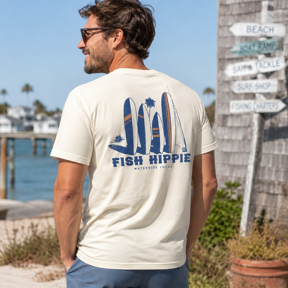 Fish Hippie Graphic T-Shirt Waterside Local Cotton Cream Coastal Men's Large